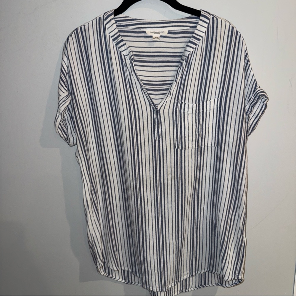 Beachlunchlounge Blue and White Striped Shirt V Neck Pocket Small Petite - Picture 4 of 10